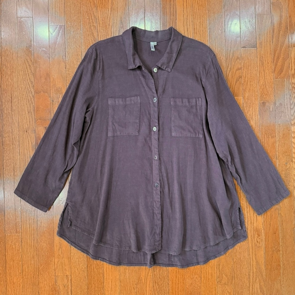 KLEEN Linen Tunic Button Up Womens Large Shirt Blouse Top Lagenlook Boho Coastal